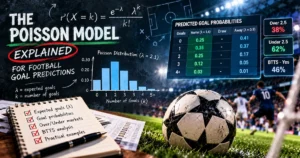 Learn how the Poisson model works for football goal predictions, with simple formulas, practical examples, score probabilities, Over/Under and BTTS analysis.